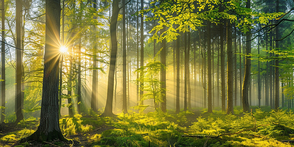 Lumière solaire filtrée par les arbres — bain de lumière proche infrarouge (NIR) dans une forêt